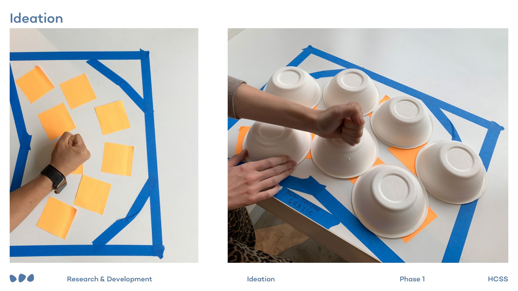 Testing hand positions with paper shapes and upturned bowls taped to a board