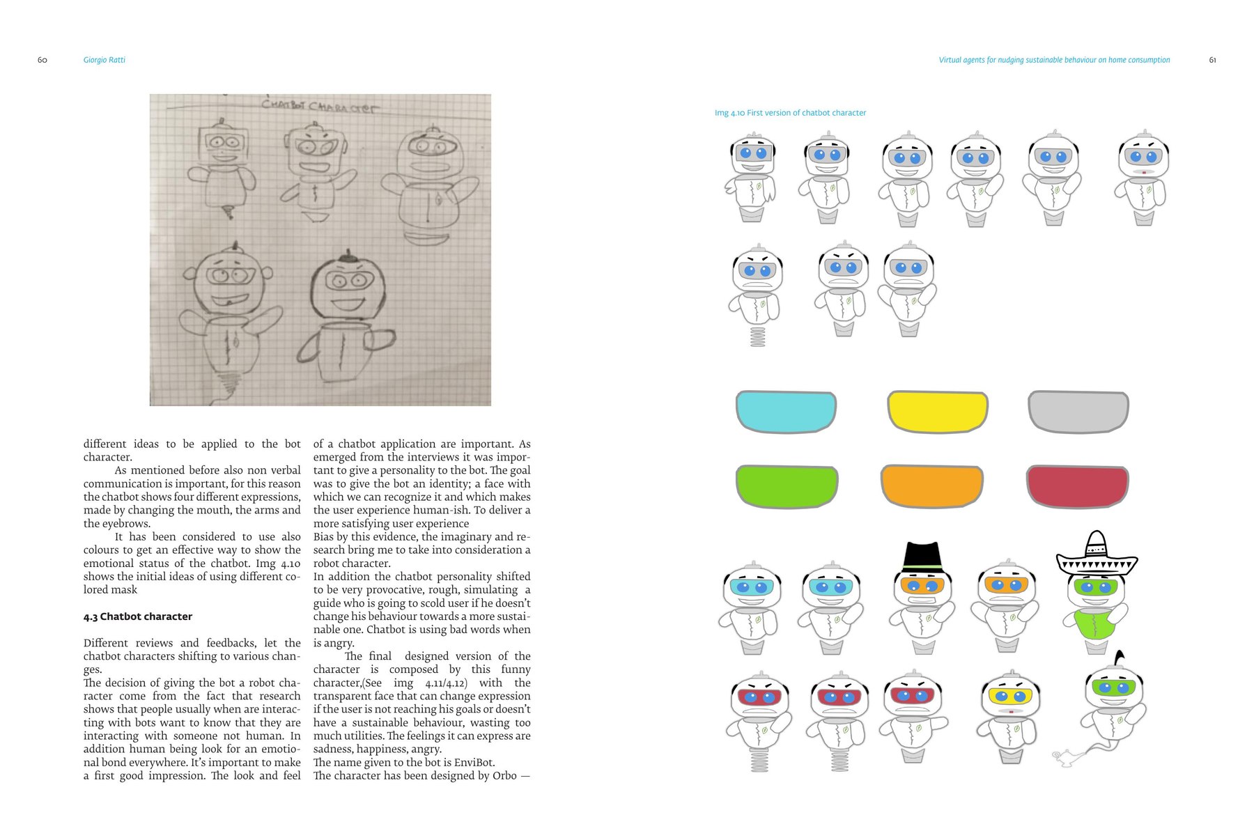 Early hand-drawn chatbot characters and digital iterations with coloured masks