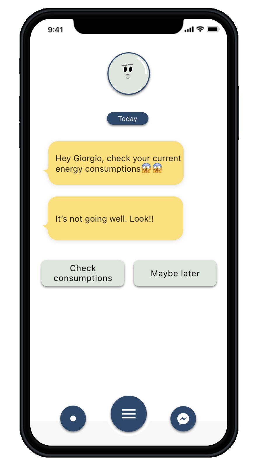 A conversation with EnviBot: check your current energy consumptions, with two reply buttons