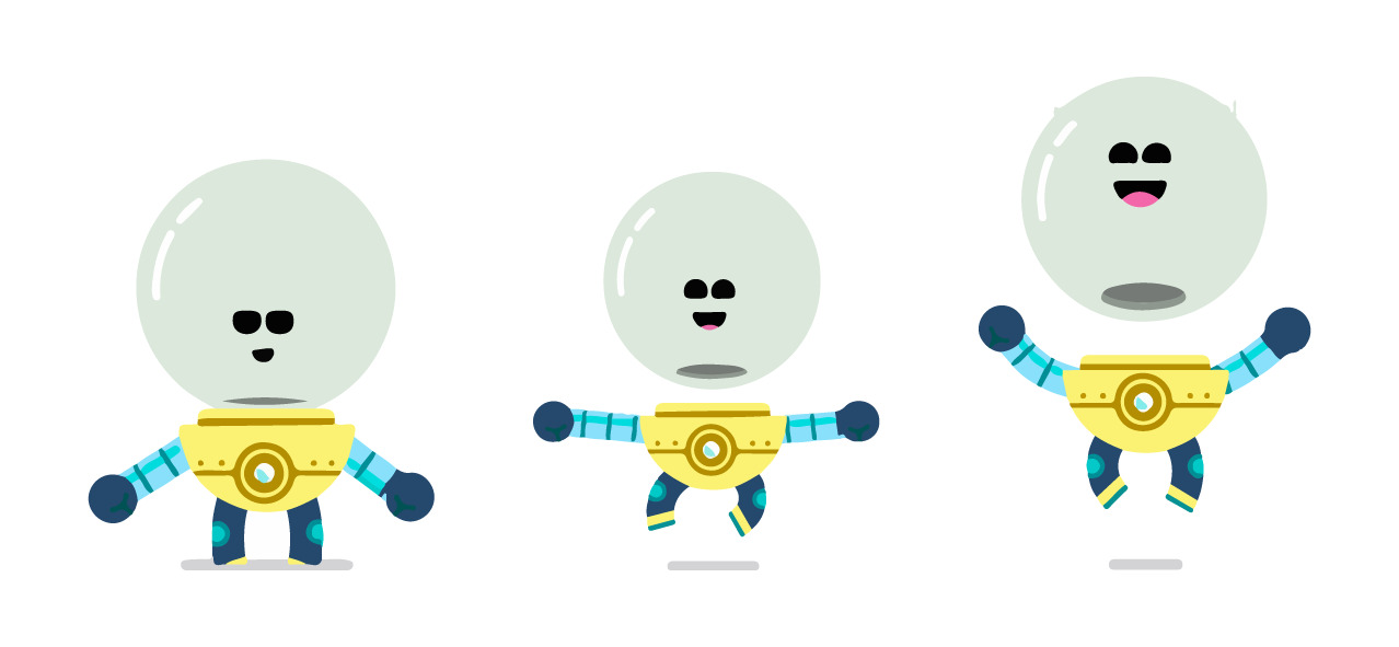 Three poses of the final EnviBot character, recoloured to the app palette