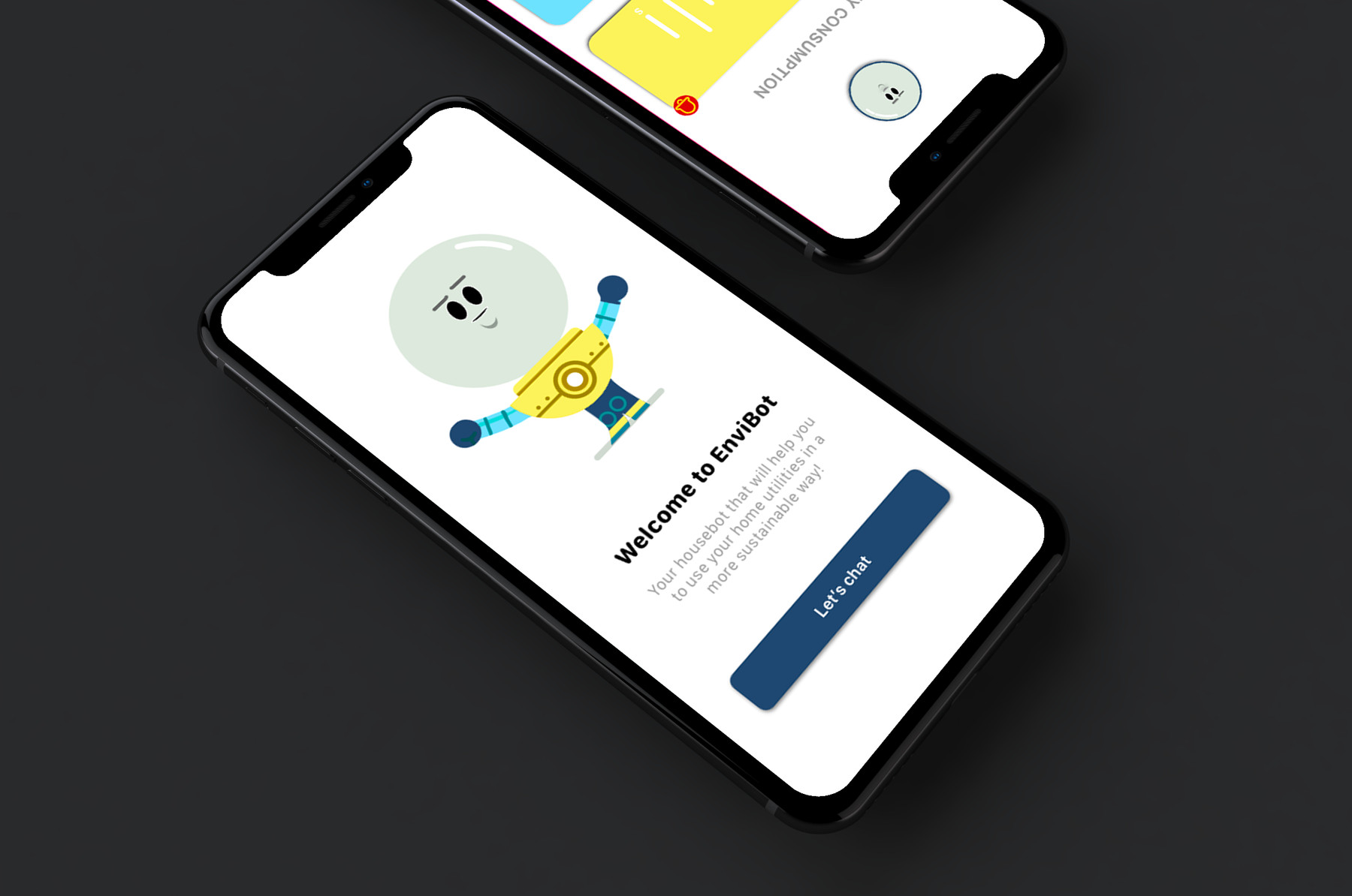 Two phones showing the EnviBot app: the welcome screen with the robot character, and the consumption screen behind it