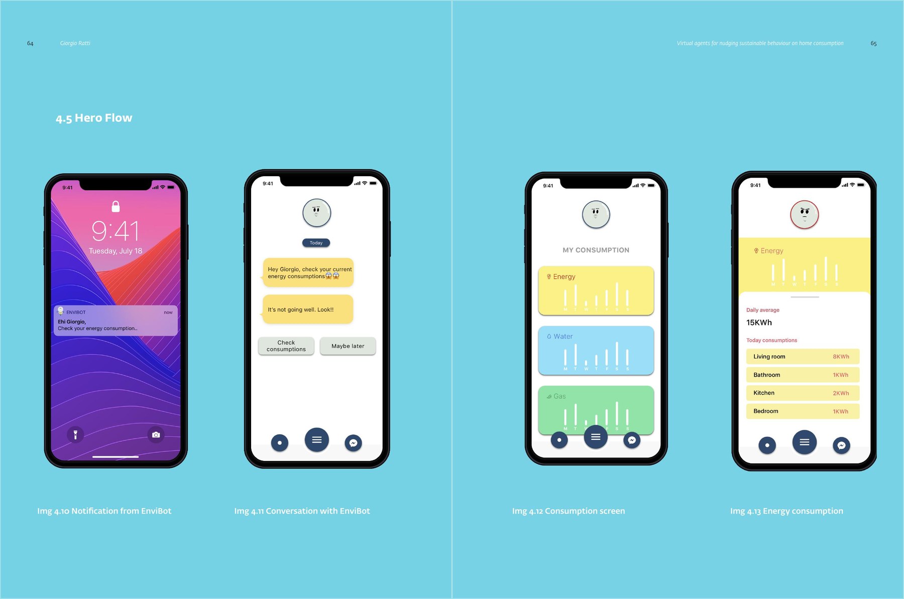Main flow: lock screen notification, conversation with the bot, consumption screens