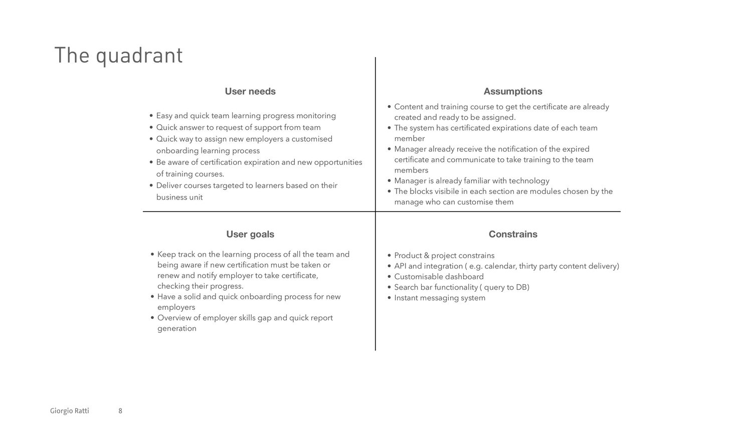 Four quadrants: user needs, user goals, assumptions, constraints