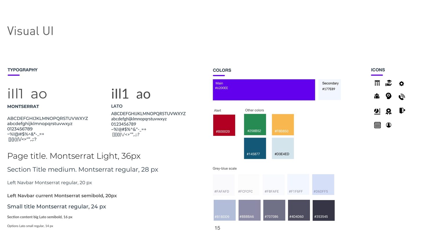 Typography, colour palette and icons