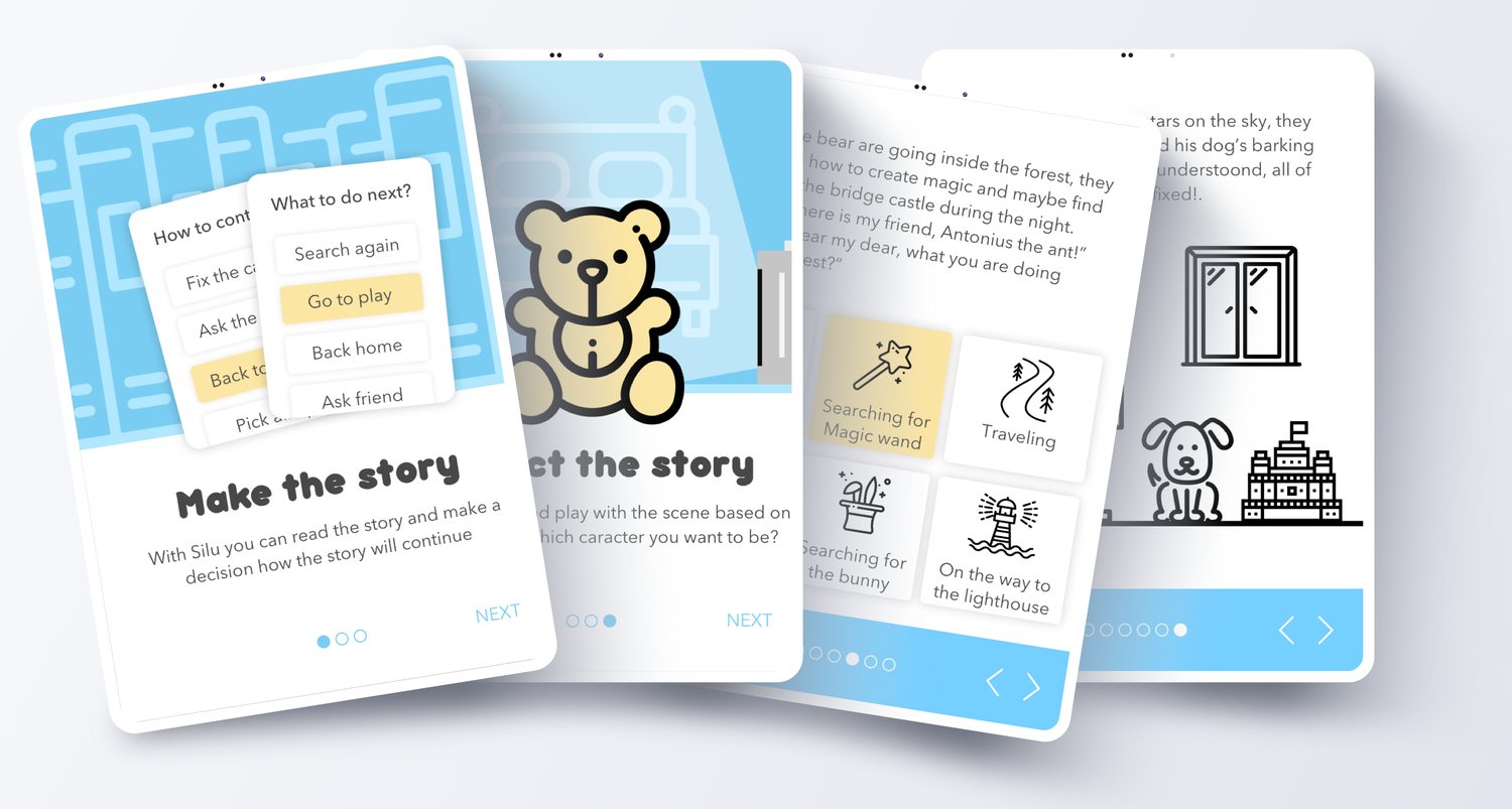 App screens: make the story, select the story, dilemmas
