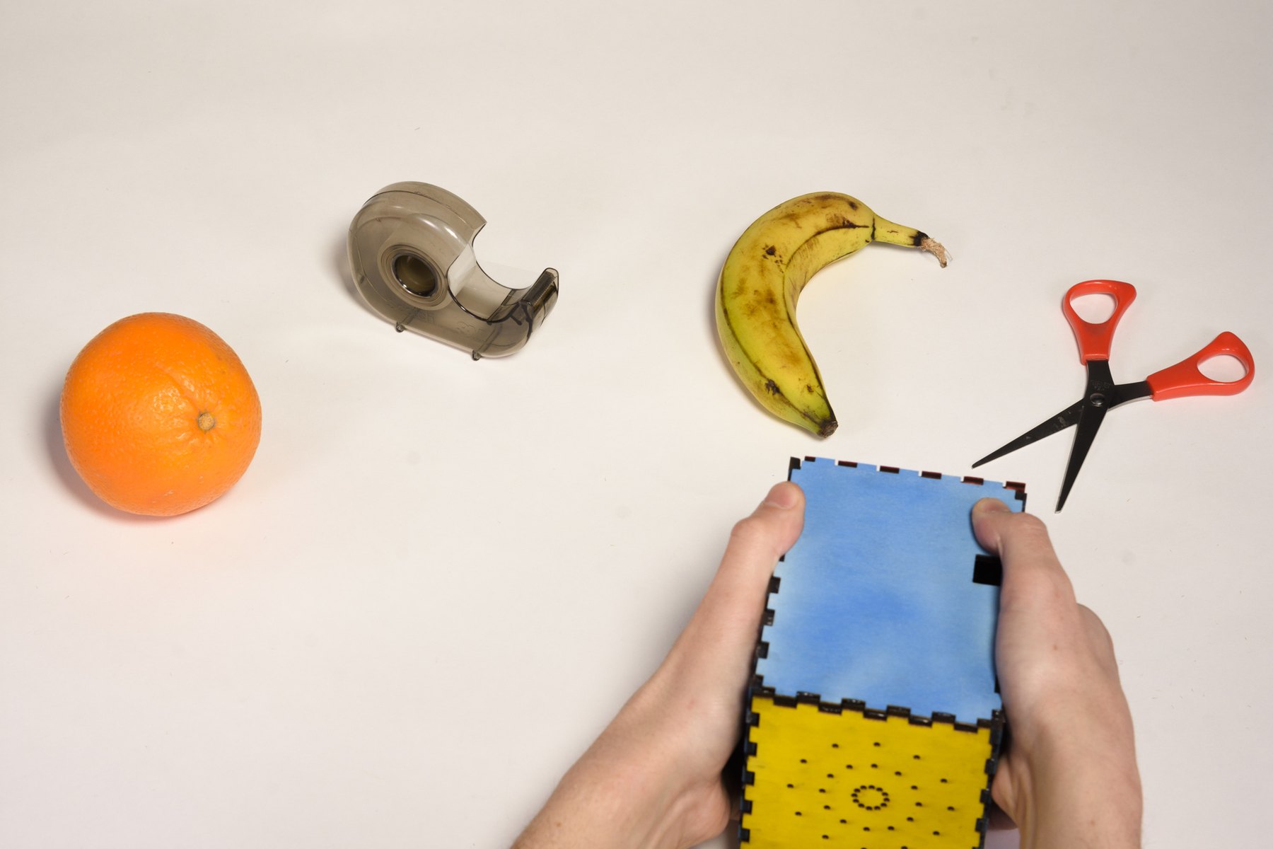 Talki pointed at a banana and a pair of scissors on the table