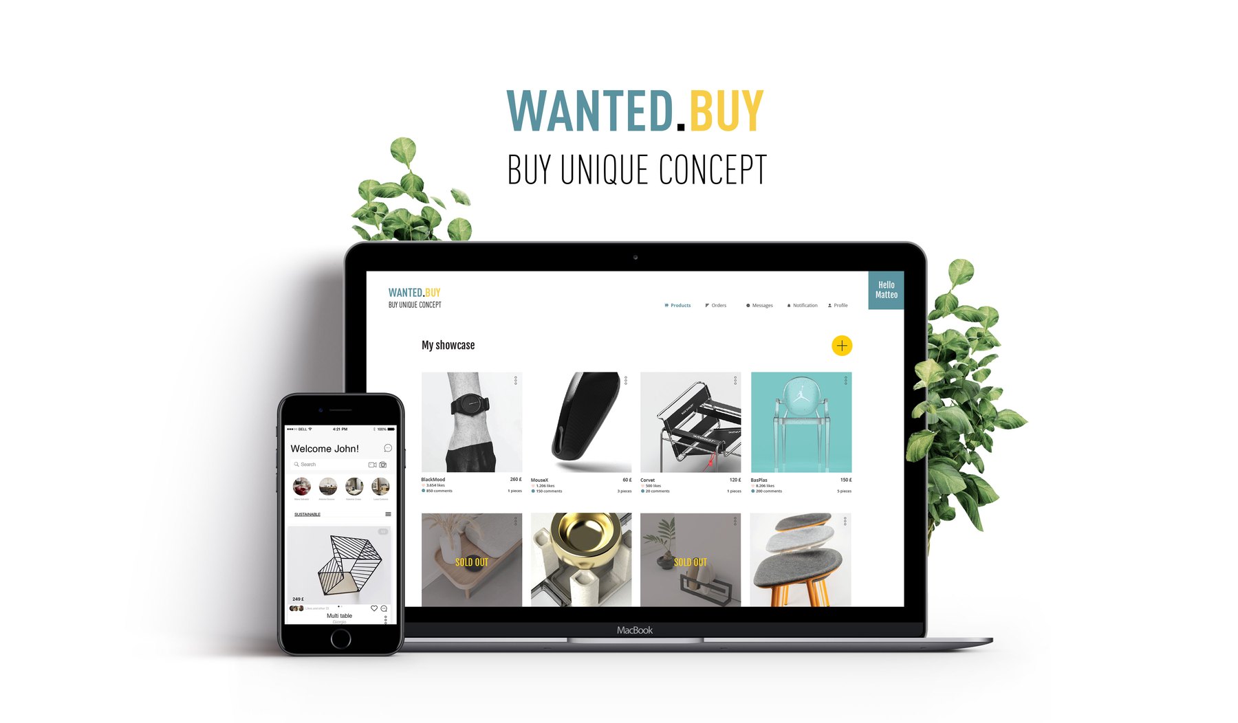 Wanted.Buy shown on a laptop and a phone: the seller showcase on web and the buyer feed on mobile