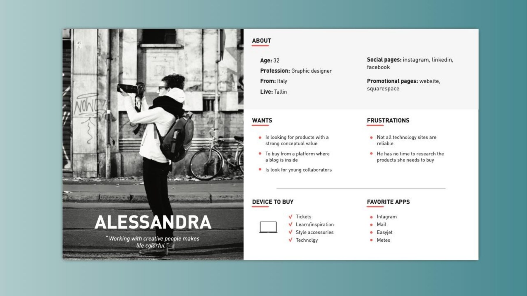 Persona: Alessandra, 32, graphic designer, buys design objects with conceptual value