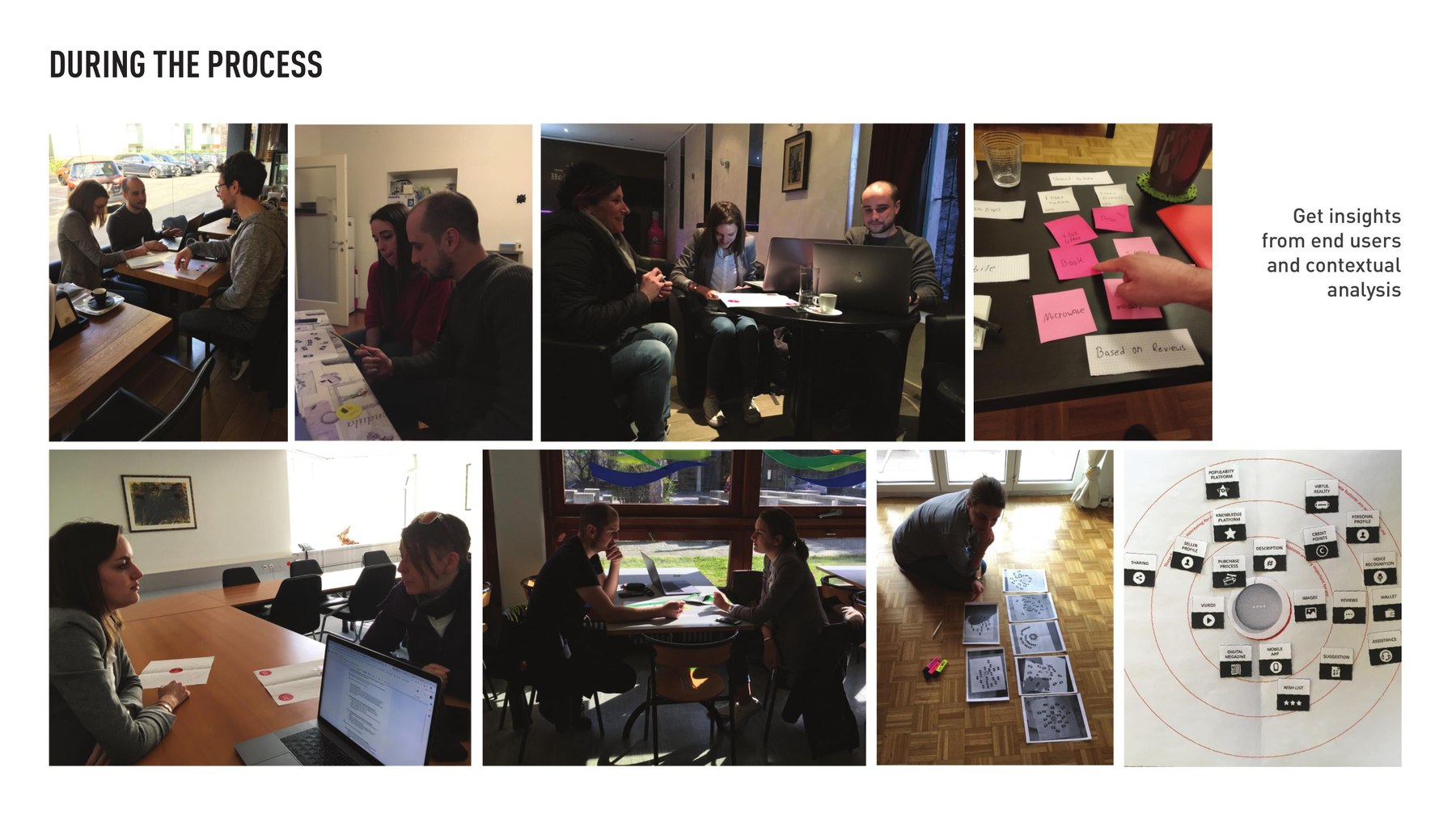 The team during fieldwork: interviews in cafés, contextual sessions, card sorting on paper